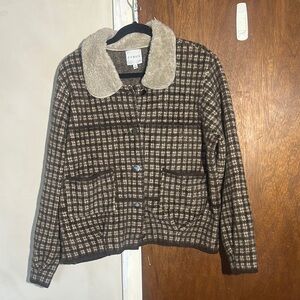 Women's Tan and Cream Checkered Teddy Jacket